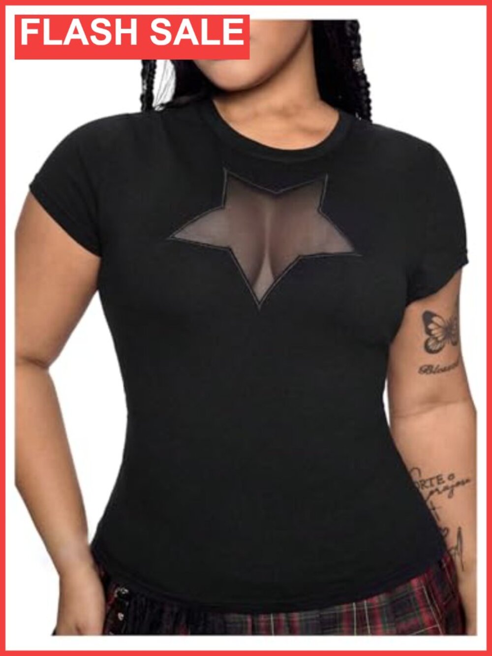 Plus Size Star Mesh T Shirt Short Sleeve Cut Out Fitted Top